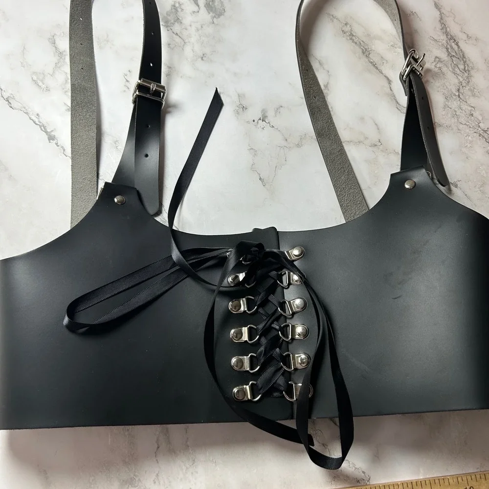 Black Faux Leather Lace Up Harness Vest Adjustable Buckle Straps Gothic Punk